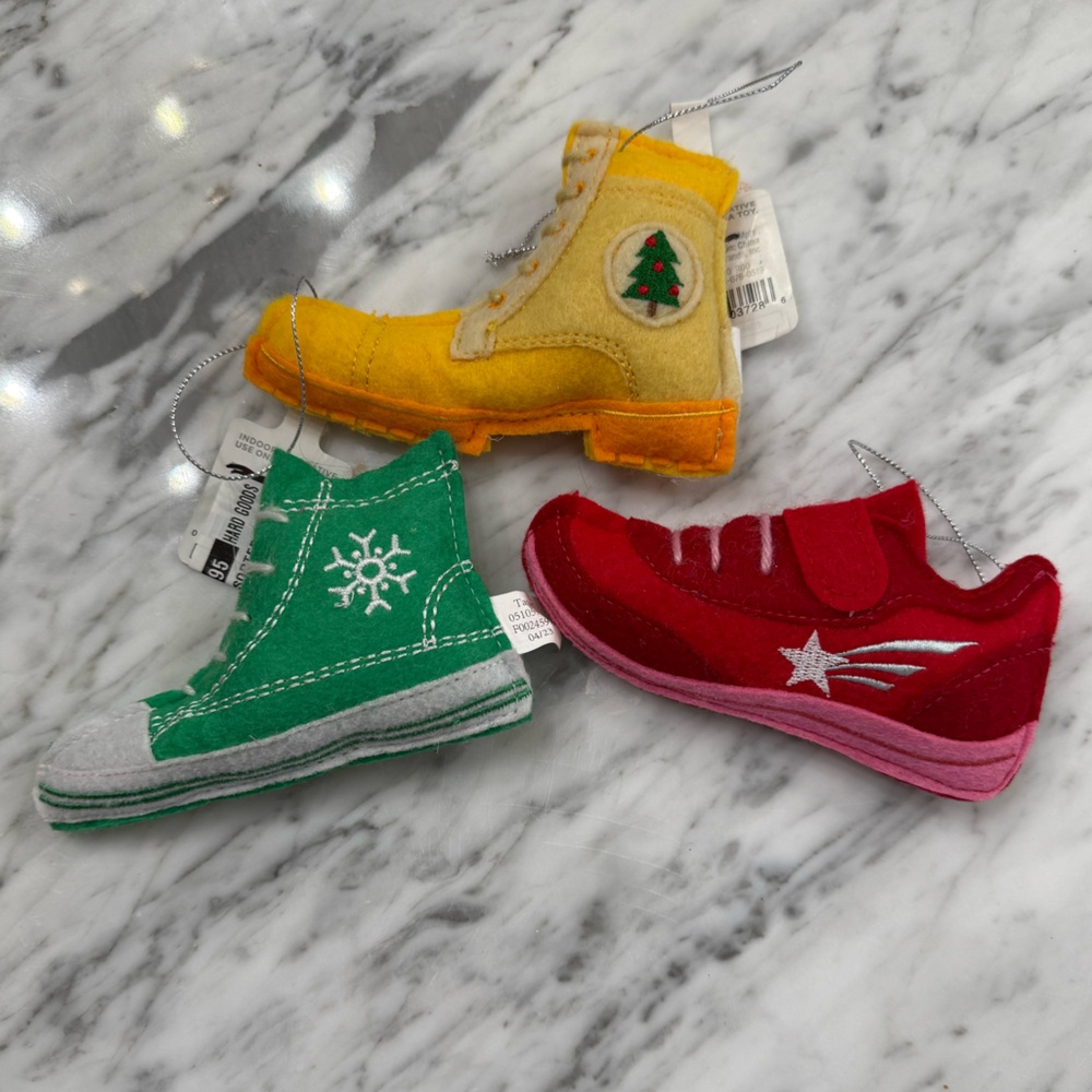 NWT Handcrafted Felt Ornament Set - Green, Yellow, Red Shoes Sneakers Boots